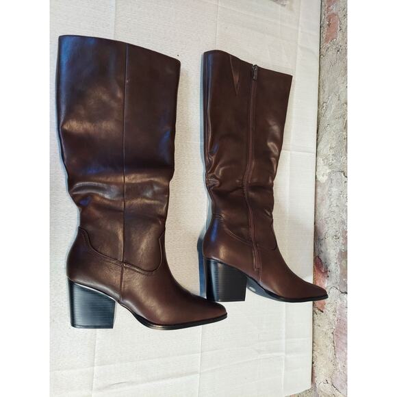 Womens Sz 11 Brown Tall Knee High Boots Pointed Toe Block Heel Side Zip - Picture 2 of 4